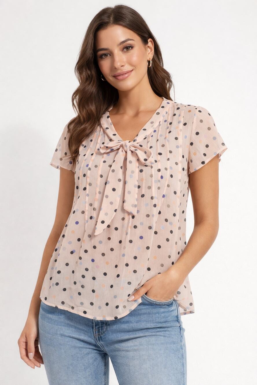 Elle Blush Pink Polka Dot Sheer Blouse Tie Neck Flutter Sleeve Size L